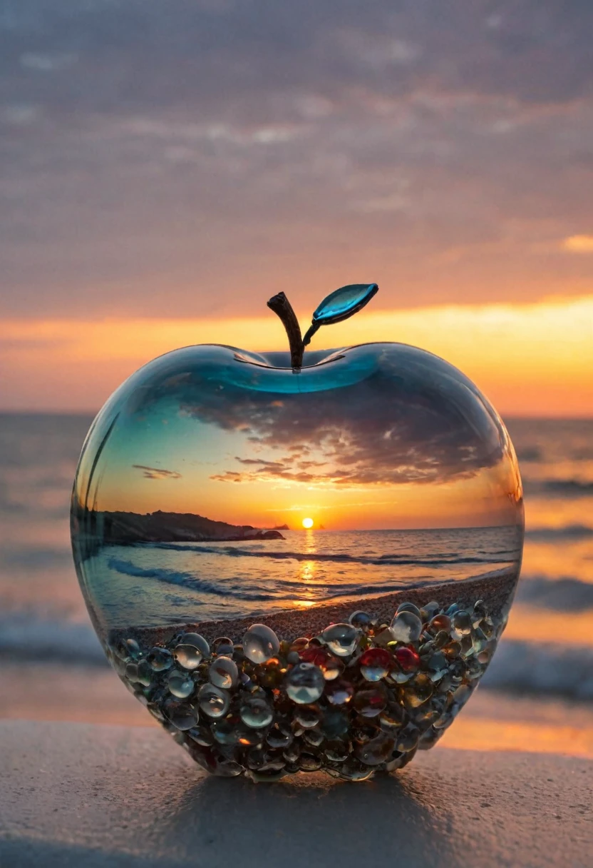 Glass apple in front of the sea, sundown, Very detailed, Professional Music Composition, Exquisite detail, Honest colors, 非常にwonderful, colorful, Cinematic, amazing, Sharp focus, elegant, Gorgeous, wonderful光, Charm, Futuristic, Fancy, wonderful, Surrounding Background, amazing, Magnificent and elaborate, Highest, wonderful, creative, dramatic, atmosphere, luxury, wonderful
