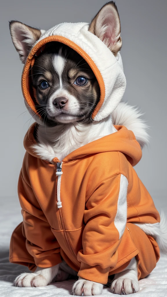 Create an image of a Siberian Rusky puppy using an orange hoodie with a white background in the proportion 1920x750