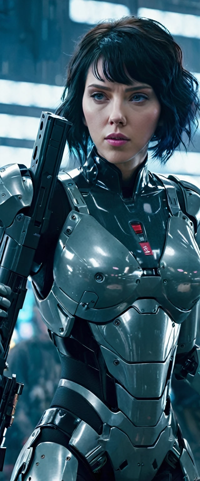 A scene from a movie，（Scarlett Johansson in Ghost in the Shell。）Futuristic atmosphere with gun in hand。Mecha Cyber Armor Girl、Mechanized soldier girl、CGSsocietyとFenghua Zhong、Perfect android girl、A beautiful woman in perfect armor and armor，Large background