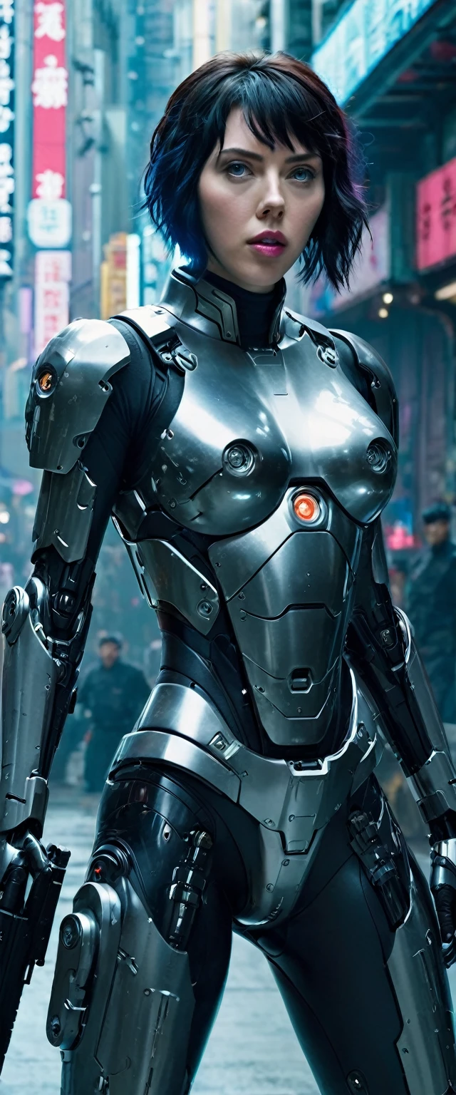 A scene from a movie，（Scarlett Johansson in Ghost in the Shell。）Futuristic atmosphere with gun in hand。Mecha Cyber Armor Girl、Mechanized soldier girl、CGSsocietyとFenghua Zhong、Perfect android girl、A beautiful woman in perfect armor and armor，Large background