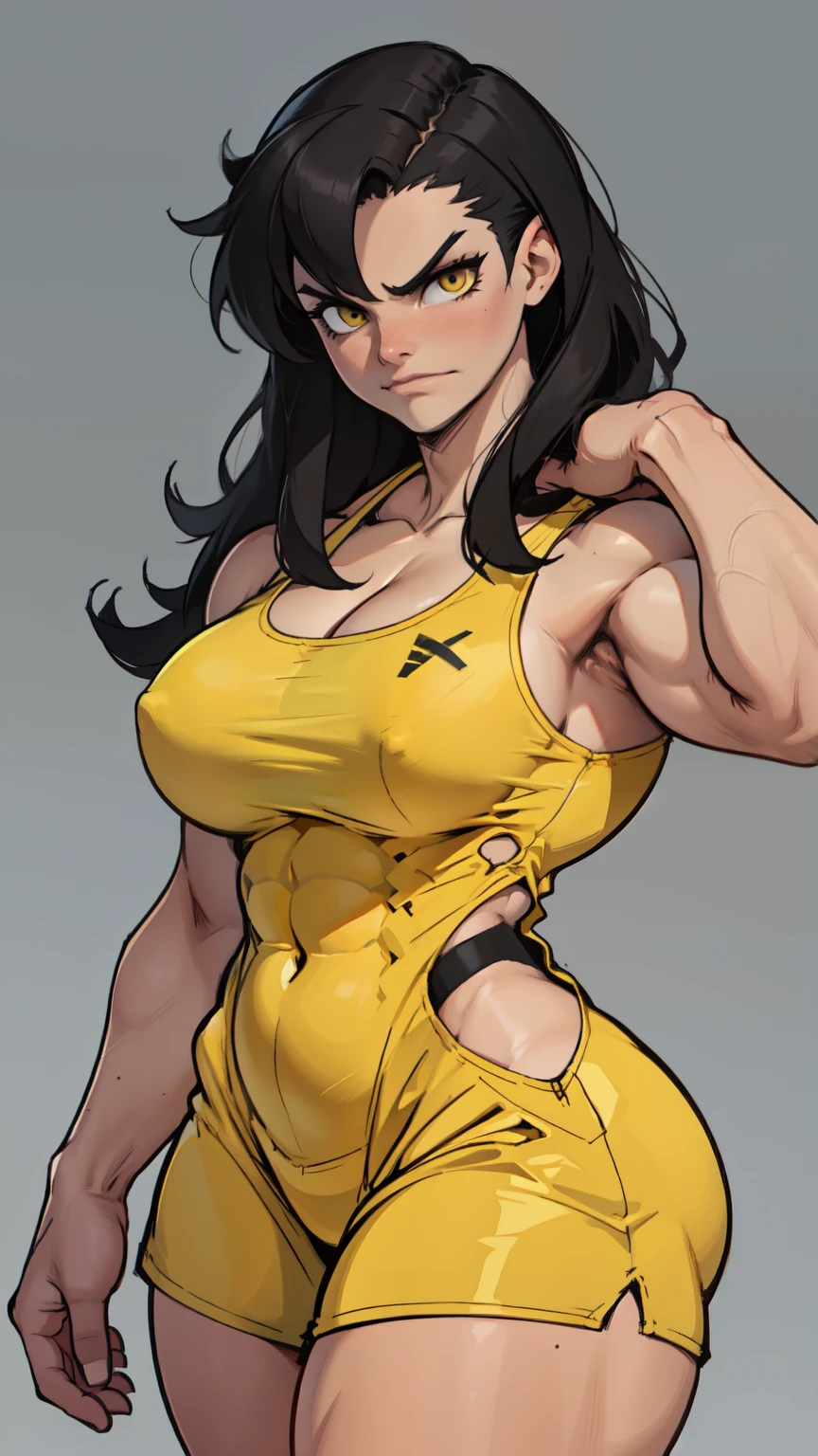 girl ((1girl)) pale skin (muscular) toned body thick thighs black hair yellow eyes long hair (grey background) bodybuilder frowning (tight romper) massive breasts thick thick thick thick thick