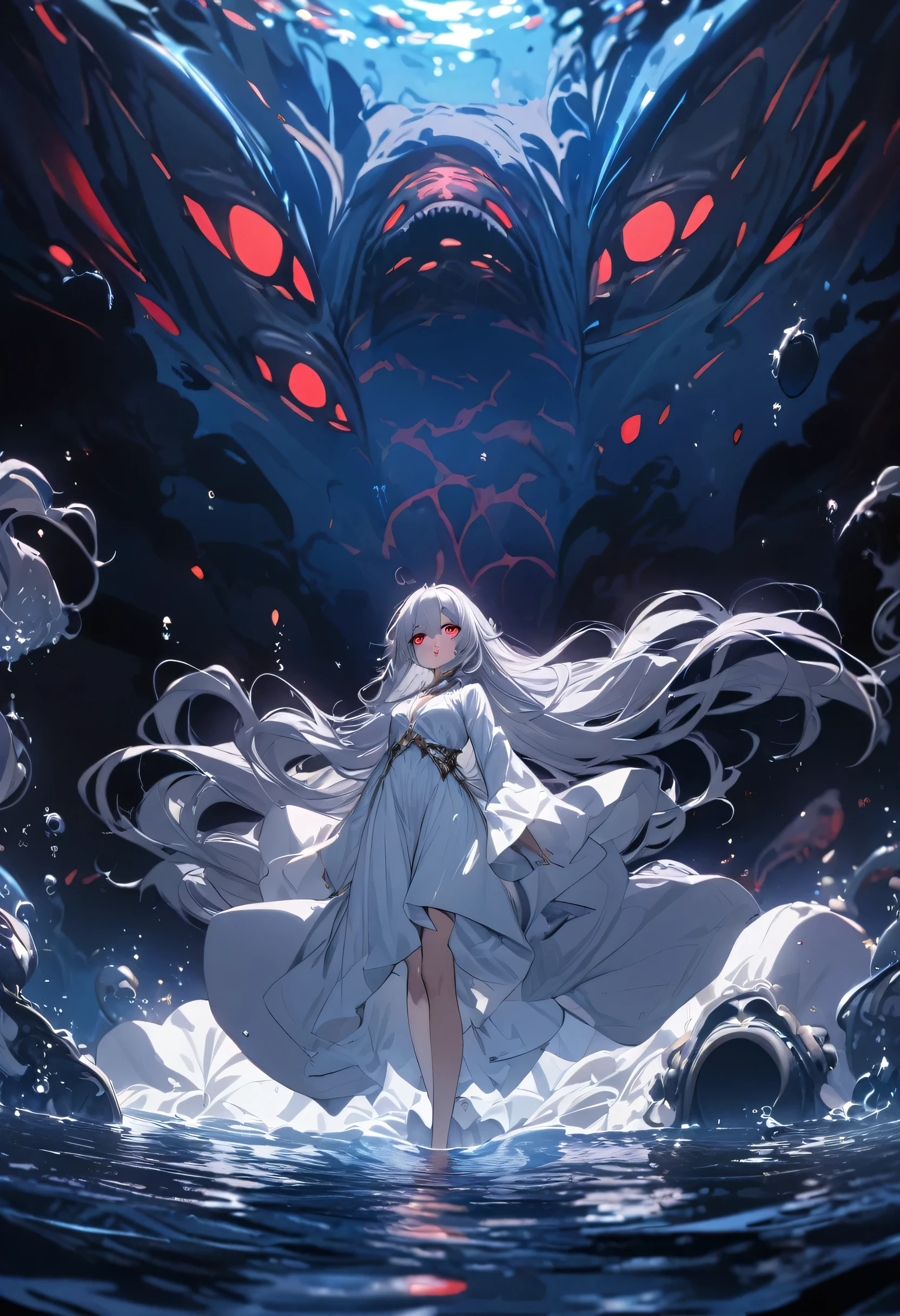 panoramic, (Deep abyss diving style), (biggest Deep Sea Creatures) and (one girl), (10 yo silver hair long hair alluring girl, detailed red eyes), in a white robe, (Drifting in the deep sea), break, (in the deep abyss, background a Lightless Abyss), BREAK, perfect anatomy, masterpiece, best quality, 16k, beautiful detailed deep abyss, daydreaming expression