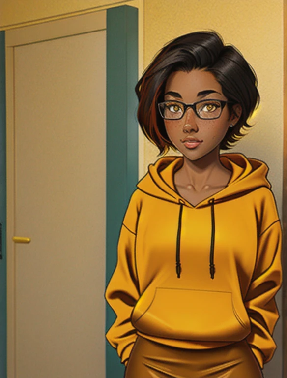 1girl, solo, 20 year old college student, she has tan-bronze skin with some freckles, short black hair with orange highlights, amber colored eyes, (Wearing a yellow hoodie, black pencil skirt and glasses)
