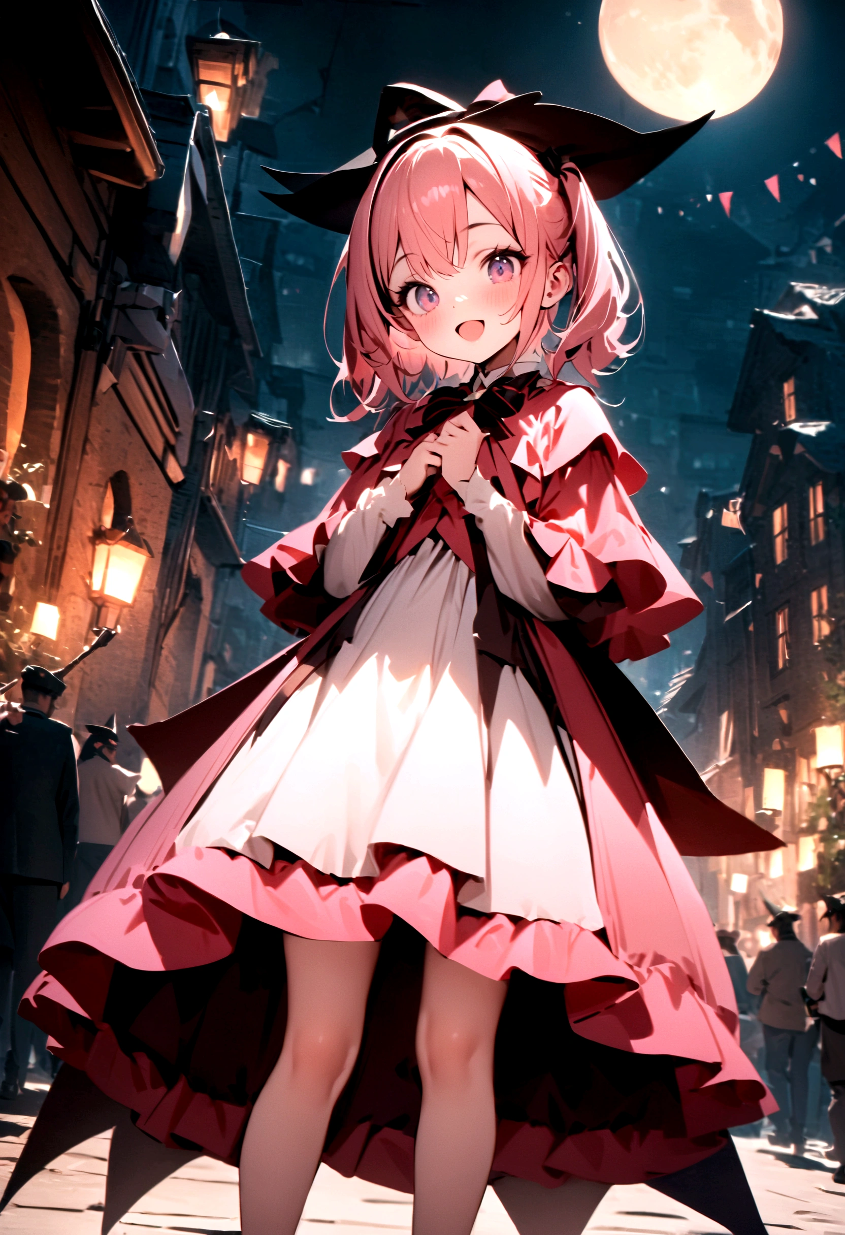 woman,((Lovely),beautiful eyes,make up,(Smile),open mouth,(Double tail),pink,night,masterpiece,high resolution,Surrealism,提high resolution,original photo,Best quality,Looking down at the audience,Little Witch