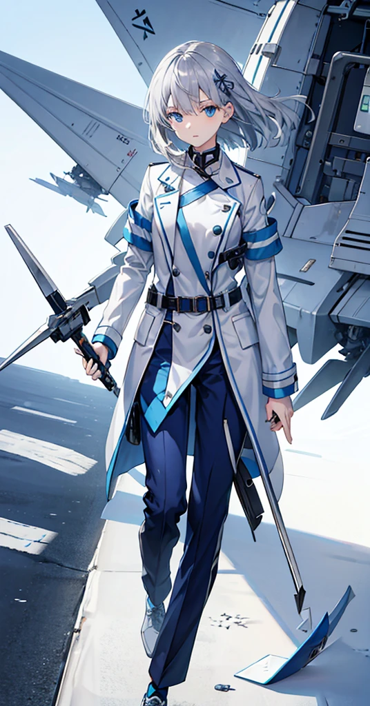 Girl，Gray Hair，Blue Eyes。Blue jacket and white long sleeves，Grey trousers，Technology，flat chest，Holding a sickle，Airplane anthropomorphism。