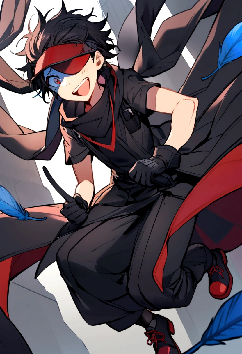 boy, big messy black hair with dark red bangs, black and red eyes, heterochromia, wide, loose-fitting black shirt at the neck, long coat with short sleeves and ripped at the bottom in black with red details, a pair of gloves that reach the elbows in black with blue feathers, black, wide pants that reach the shoes, shoes black, holding two black shotguns with blue details, dark blue tactical visor covering the eyes, excited smile