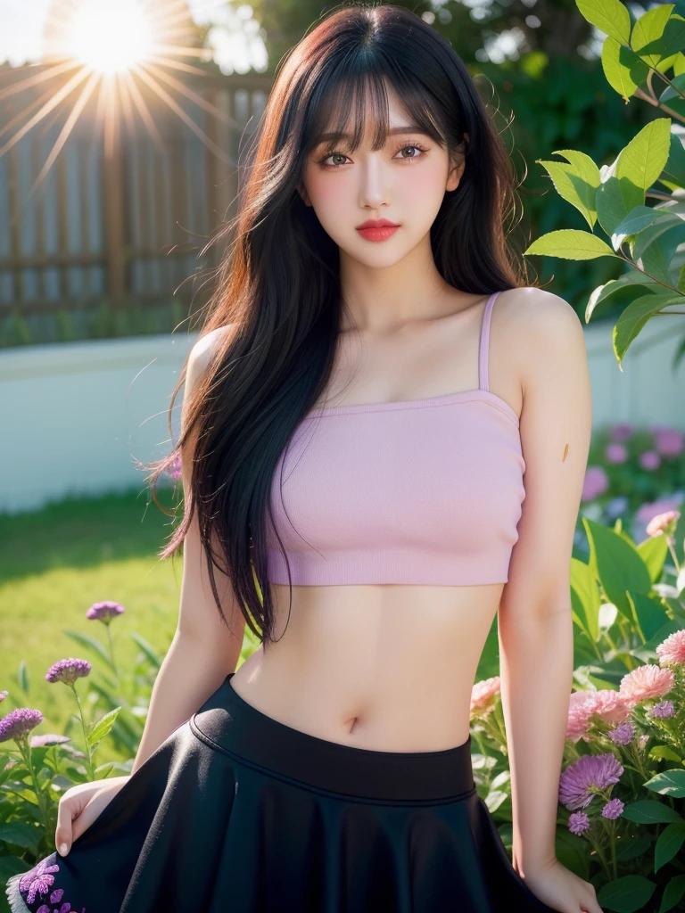 realistic, 1girl, long black hair, purple eyes, glowing eyes, crop top, skirt, parted lips, blush, night, flowers, sun, sunlight,