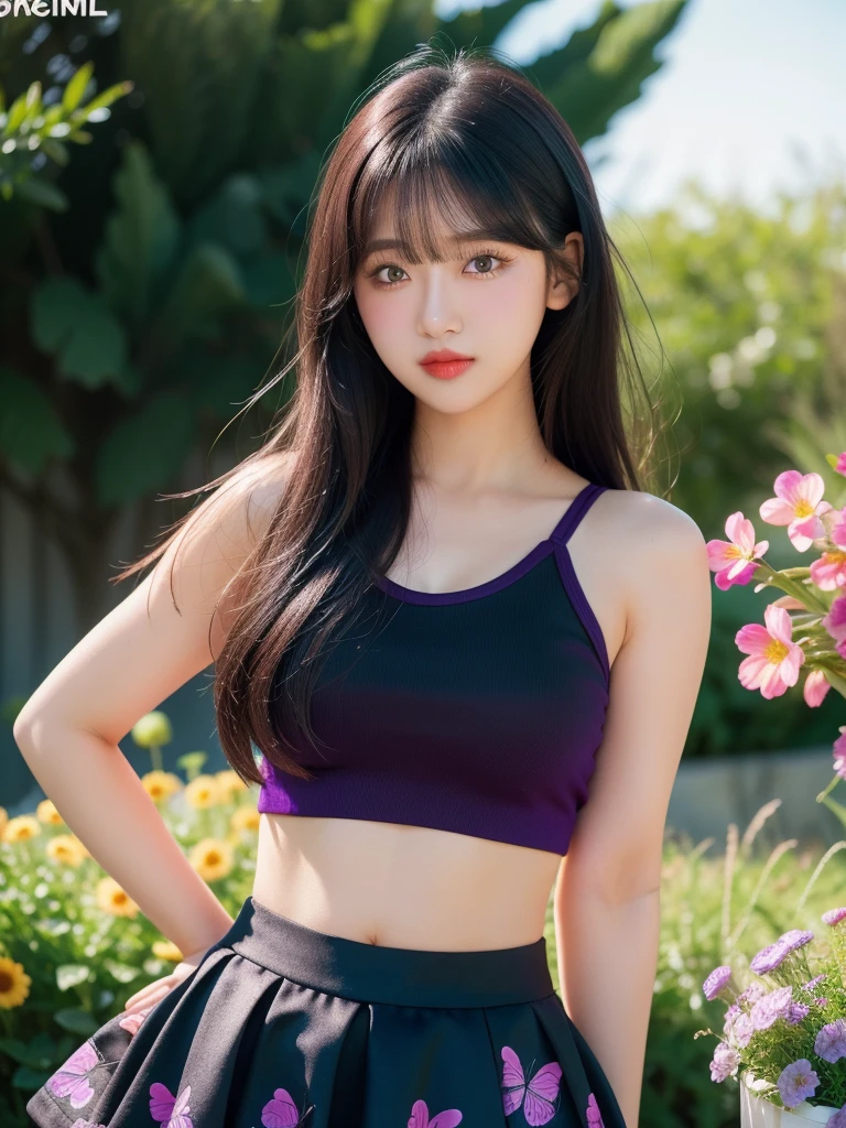 realistic, 1girl, long black hair, purple eyes, glowing eyes, crop top, skirt, parted lips, blush, night, flowers, sun, sunlight,