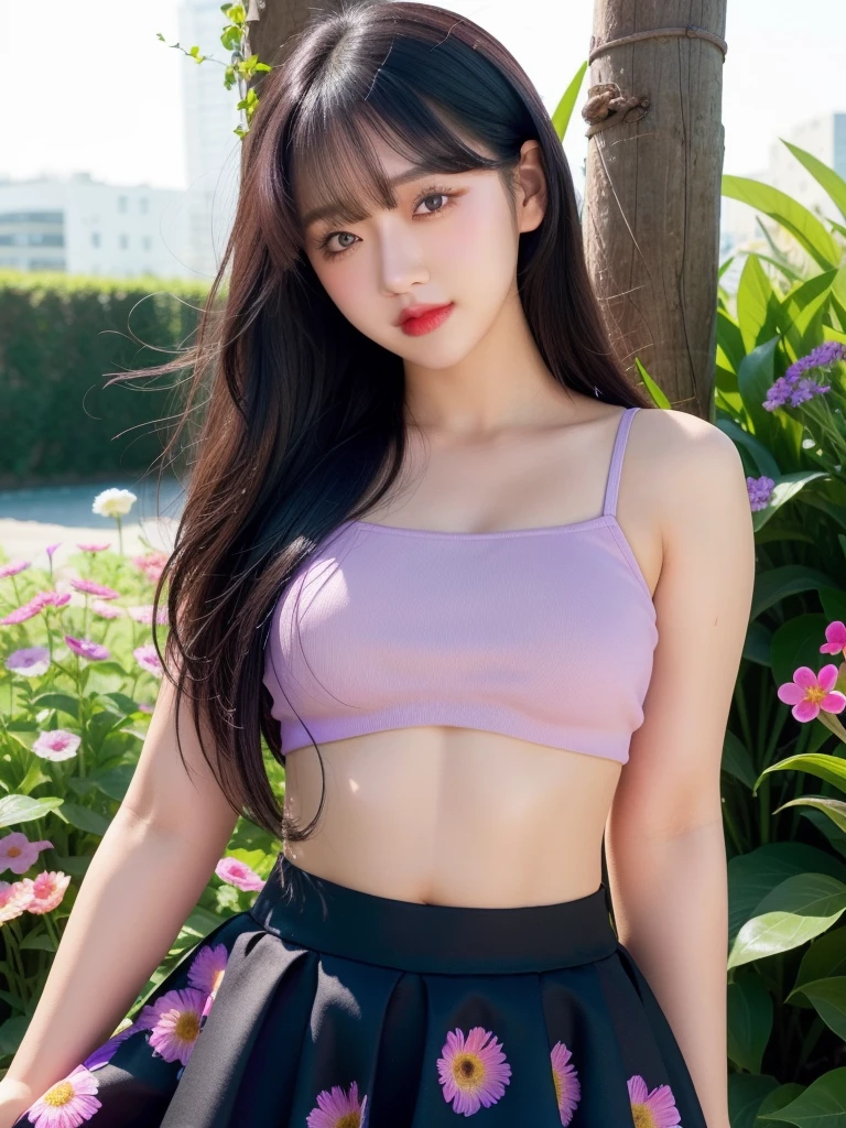 realistic, 1girl, long black hair, purple eyes, glowing eyes, crop top, skirt, parted lips, blush, night, flowers, sun, sunlight,