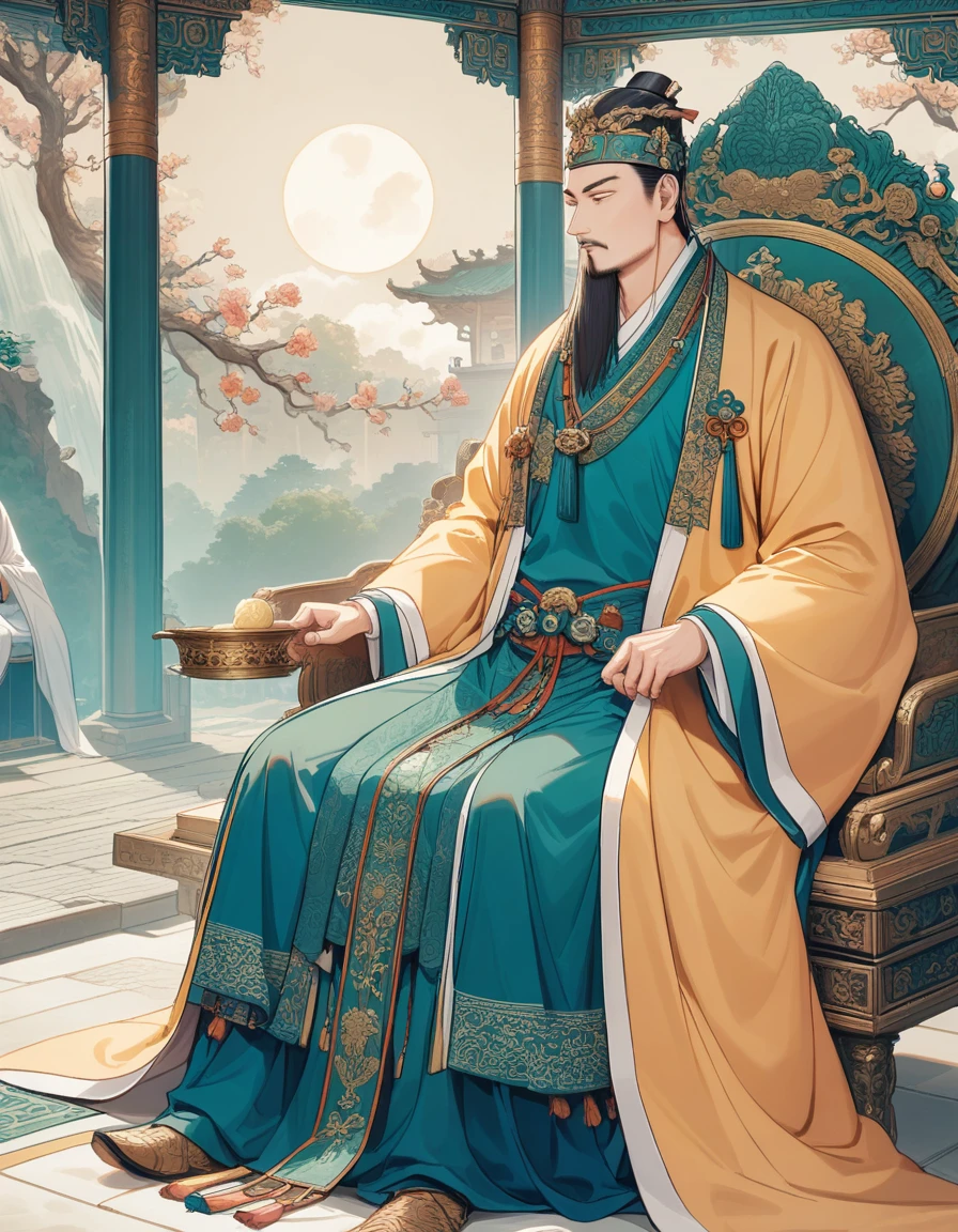 show 2 people, a jade Emperor seated on a magnificent golden throne in the heavenly realm looks down to a young farmer who is in simple clothing stands respectfully before him , symbolizing the sacred nature of the encounter.