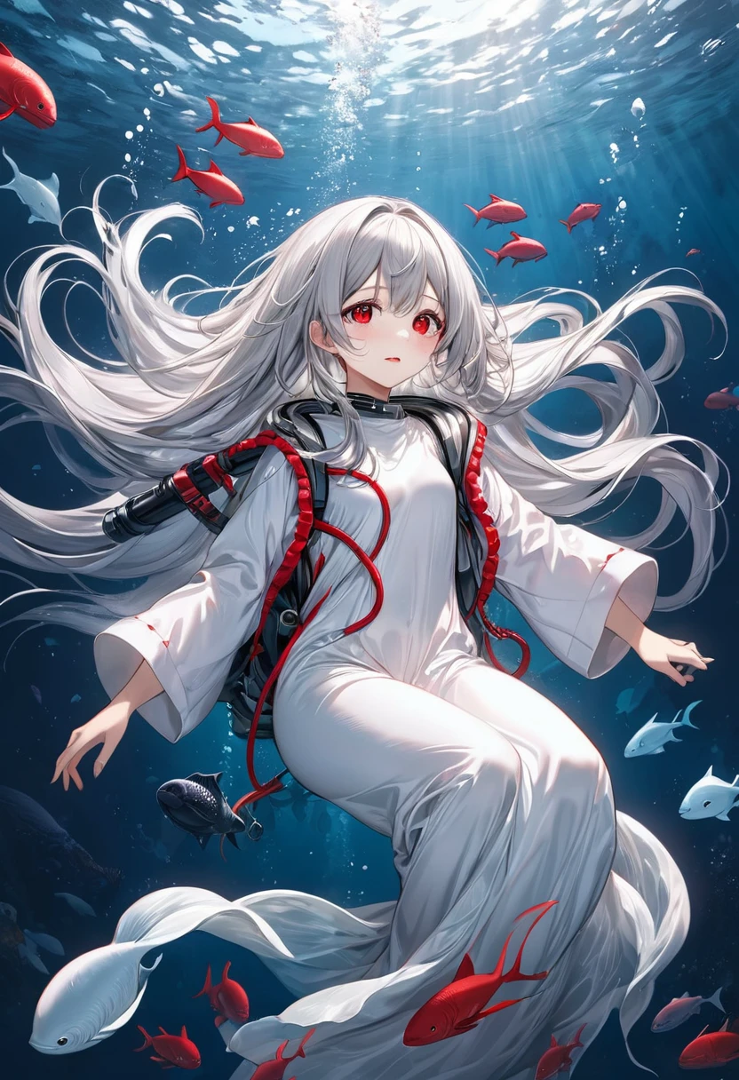 panoramic, (Deep abyss diving style), (biggest Deep Sea Creatures) and (one girl), (10 yo silver hair long hair alluring girl, detailed red eyes), in a white robe, (Drifting in the deep sea), break, (in the deep abyss, background a Lightless Abyss), BREAK, perfect ???????, masterpiece, best quality, 16k, beautiful detailed deep abyss, daydreaming expression