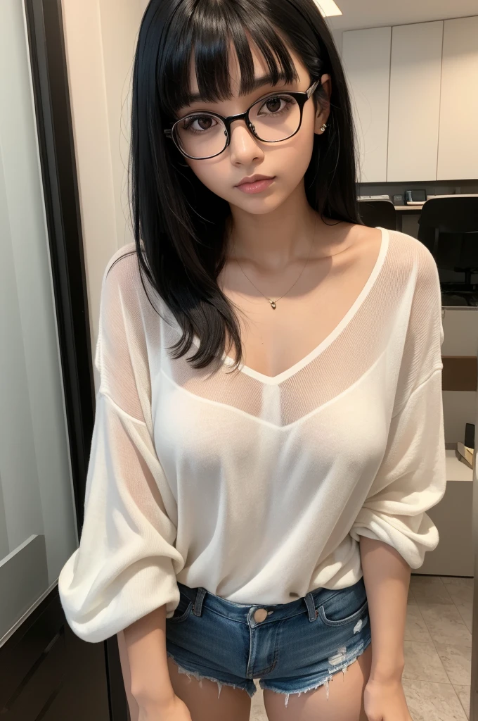 A brown woman with straight black hair and bangs, quadrask glasses