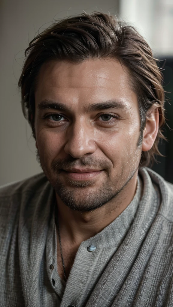 (best quality,4k,8k,highres,masterpiece:1.2),ultra-detailed,(realistic,photorealistic,photo-realistic:1.37),vivid colors,portraits,professional,father,loving eyes,strong jawline,grey hair and beard,crow's feet around eyes,wisdom,responsible,kind smile,gentle features,warm lighting,soft background,deep emotions,natural setting,deep connection,paternal love