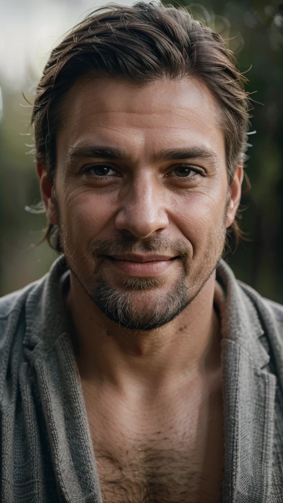 (best quality,4k,8k,highres,masterpiece:1.2),ultra-detailed,(realistic,photorealistic,photo-realistic:1.37),vivid colors,portraits,professional,father,loving eyes,strong jawline,grey hair and beard,crow's feet around eyes,wisdom,responsible,kind smile,gentle features,warm lighting,soft background,deep emotions,natural setting,deep connection,paternal love