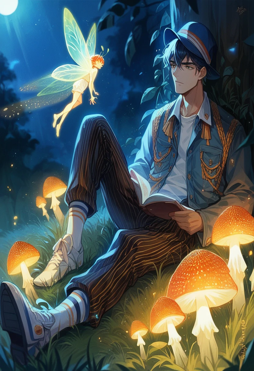 "Several neon-lit Amanita muscaria mushrooms live among the grass at night. The reflection of the moonlight creates a beautiful picture. A handsome Korean man wearing trendy and cool clothes sits peacefully while reading a book accompanied by beautiful fairies flying like fireflies