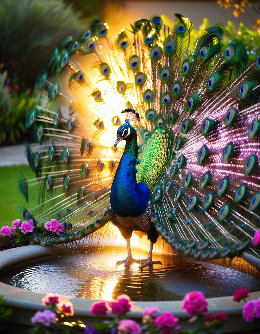 in a sunrise, A stunning peacock bathes in a garden fountain, its iridescent feathers shimmering in the morning light. The sunrise creates a kaleidoscope of colors on the peacock's plumage, enhancing its natural beauty. The garden is lush with blooming flowers and greenery, adding to the serene and enchanting scene. Intricate details, vibrant colors, peaceful ambiance, regal beauty.