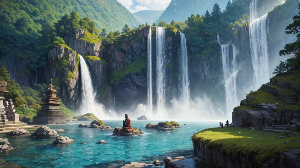 a large statue of a seated figure, looks like Buddha, is placed on a circular platform on a large rock surrounded by verdant landscape and steep cliffs. A waterfall can be seen on the left side in the background. Fog or low clouds cover the lower part of the cliffs and waterfalls, creates a mysterious atmosphere for the scene. A wooden bridge leads from the front to the base of the statue, with some people visible on the bridge, suggests this was a place of visitation or pilgrimage. The scene seemed peaceful and majestic, perhaps impressed by its natural beauty and scale.
1
trendingpics.featuring