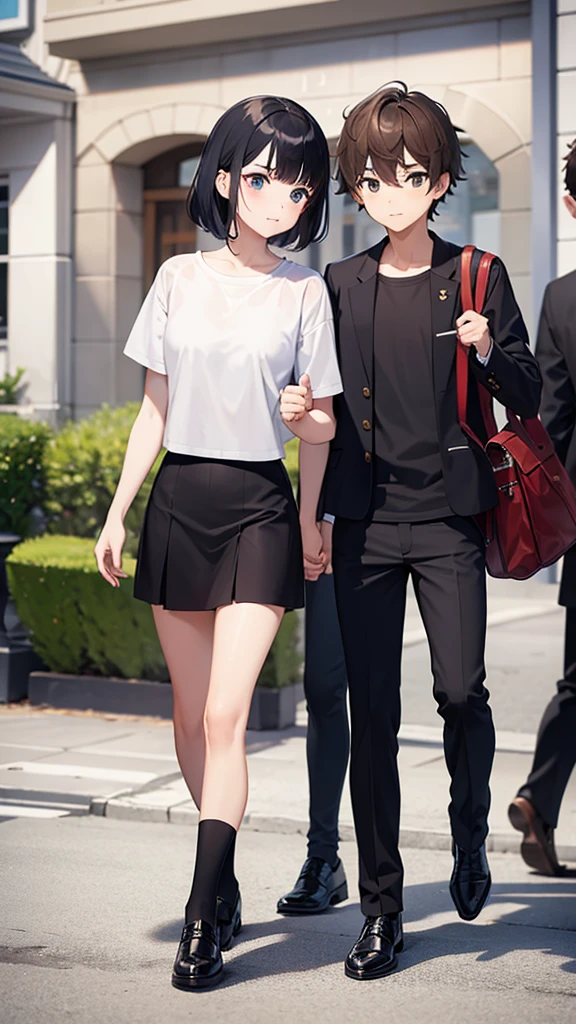 two boys, a short one with black hair and a tall one with brown hair, the two in at the school entrance