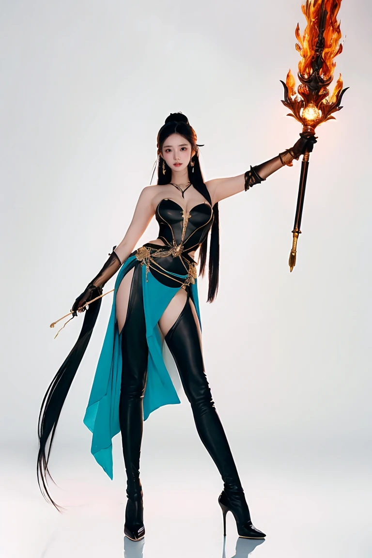 Full body shot of a beautiful Asian woman as she holds a master+ne elect rugai in her right hand, wearing an outfit inspired by water and fire elements, with teal blue leggings, a white top with gold details on the , and black high heel boots. She has long hair tied back into two braids, one arm mounted to the hilt and the other pointing at her chest that shows full energy from a magic effect, with smoke around all equipment. Full body pose against a white background, in the style of magic and fantasy.solo