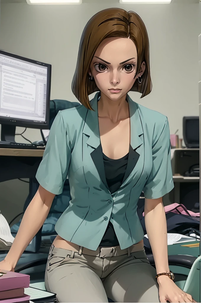 masterpiece, best quality, kinue, earrings, no shirt, short sleeves, capri pants, cowboy shot, sitting, desk, chair, office, looking at viewer