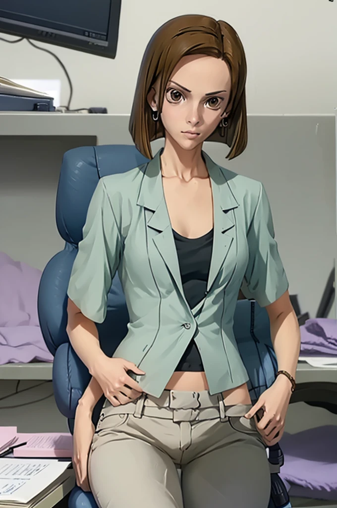 masterpiece, best quality, kinue, earrings, no shirt, short sleeves, capri pants, cowboy shot, sitting, desk, chair, office, looking at viewer