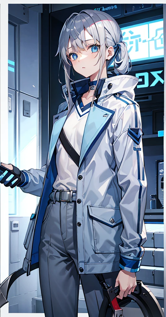Girl,Gray Hair,Blue Eyes。Blue jacket and white long sleeves,Grey trousers,Technology,flat chest,Holding a sickle。