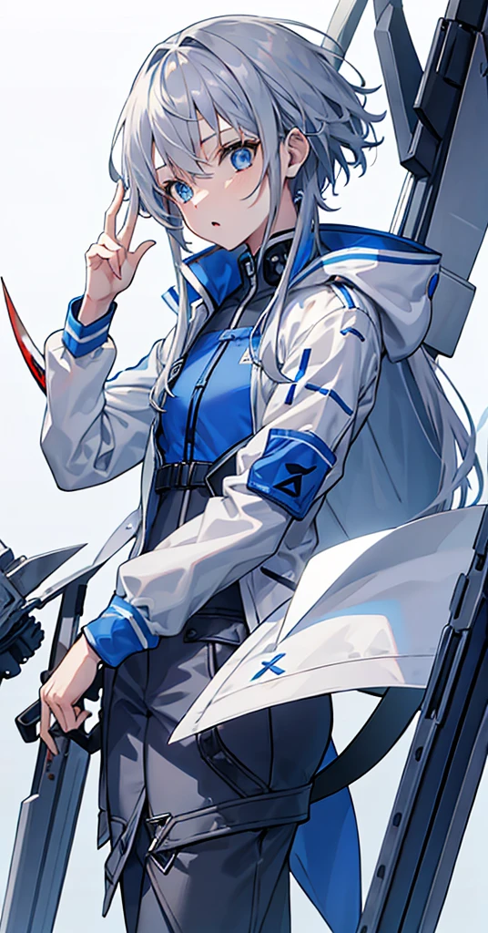 Girl，Gray Hair，Blue Eyes。Blue jacket and white long sleeves，Grey trousers，Technology，flat chest，Holding a sickle。