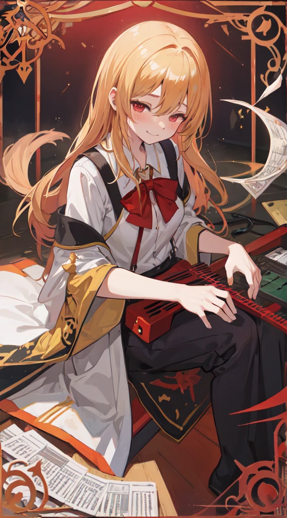 1Girl, golden hair, sharp red eyes but closed 1 eyes, blush, harm smile, wearing high school girl clothes, sitting while playing music tools, make it like tarot anime-style but no frame