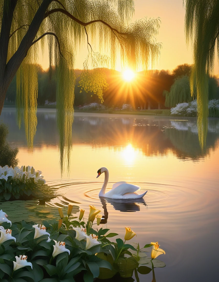 in a sunrise, A graceful swan glides effortlessly across a tranquil lake, the sunrise casting a warm, golden glow on its pristine white feathers. The swan dips its head into the water, creating gentle ripples that reflect the beautiful hues of the sky. Willow trees and blooming lilies frame the serene scene, adding to the elegance and tranquility. Intricate details, vibrant colors, peaceful ambiance, elegant beauty.