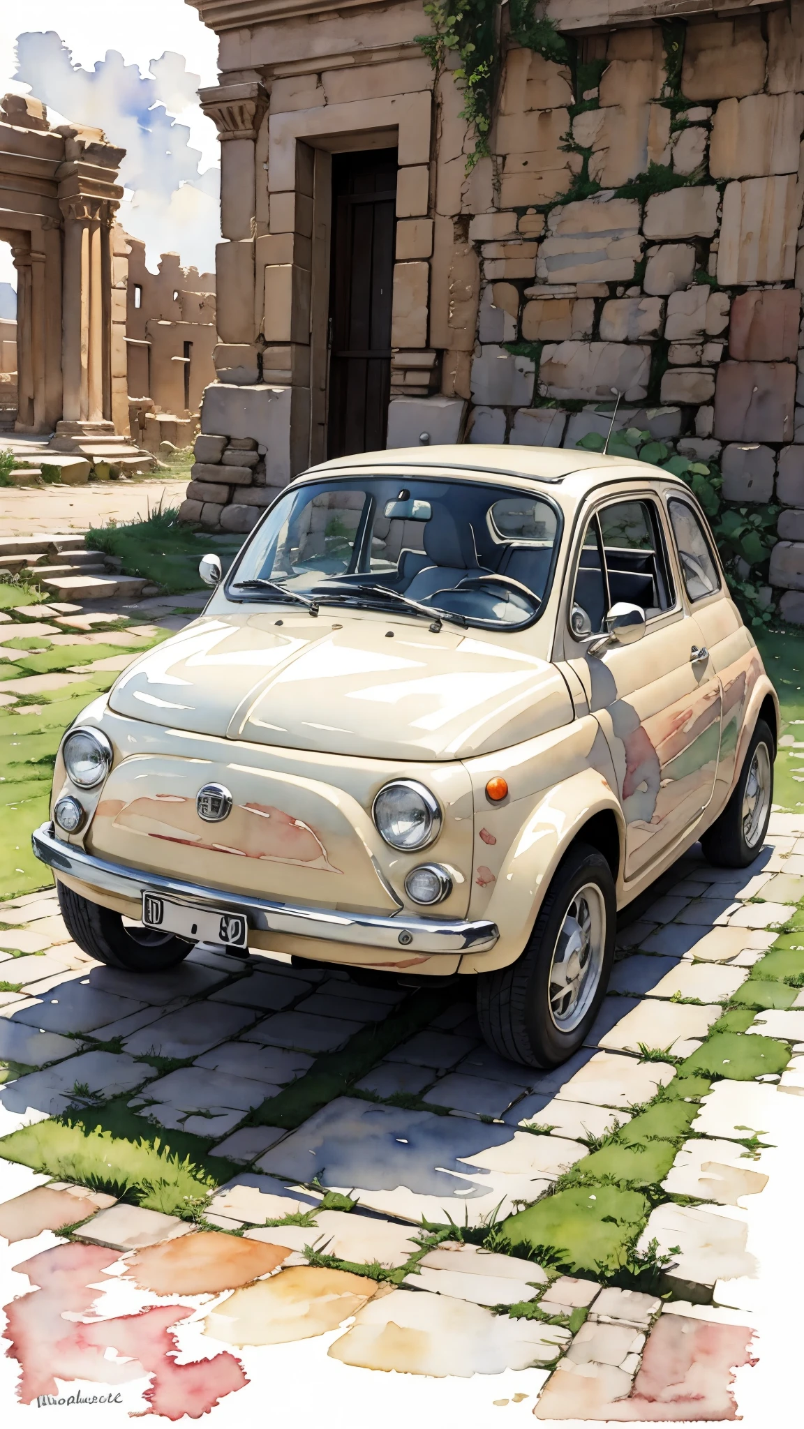 (masterpiece:1.2, Highest quality),(Very detailed),(((watercolor))),8K,wallpaper,Cream-colored Fiat 500,jordan,Petra Ruins,(((Ghibli style))),透明watercolor
