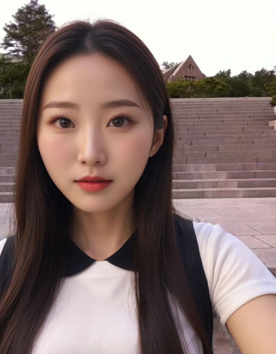 Best Quality, 8k, Masterpiece, (Portrait: 1.3), (photo realistic:1.4), (hyper realistic:1.4), Sharp Focus, looking at viewer, (smoother lighting:1.1), (increase cinematic lighting quality:0.9), realistic lighting, backlighting, light on face, ray trace, (brightening light:1.2), (Increase quality:1.4), sharp detail, (best quality real texture skin:1.4), finely detailed eyes, black_eyes, finely detailed face, 25 year old Korean woman
