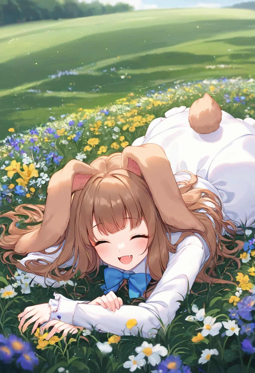 (8k, masterpiece, best quality, ultra-detailed, an extremely delicate and beautiful, official style, depth of field, highly detailed, very aesthetic, intricate, overall detail, perfect anatomy), outdoors, on grass, flower, on stomach, BREAK 1girl, solo, [gray hair, brown hair:0.7], long hair, closed eyes, smile, happy,  faint lips, open mouth, skin fangs, rabbit girl, (floppy ears, droppy ears, lop ears, fluffy:1.2), rabbit tail, (white dress, blue bowtie, frill, long sleeves:1.2)