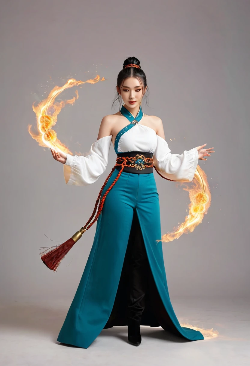 Full body shot of a beautiful Asian woman as she holds a master+ne elect rugai in her right hand, wearing an outfit inspired by water and fire elements, with teal blue leggings, a white top with gold details on the , and black high heel boots. She has long hair tied back into two braids, one arm mounted to the hilt and the other pointing at her chest that shows full energy from a magic effect, with smoke around all equipment. Full body pose against a white background, in the style of magic and fantasy.solo,xianxia