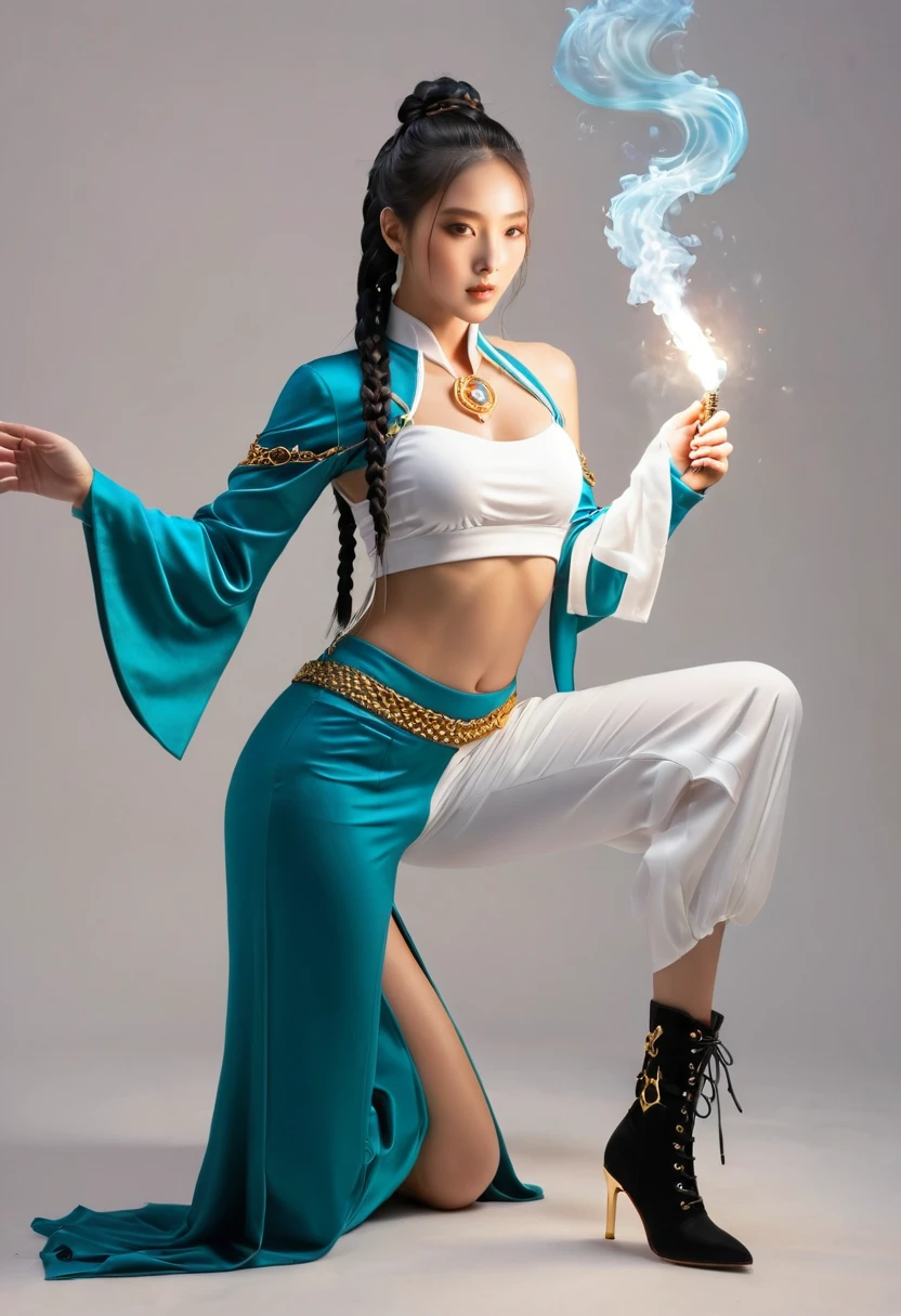 Full body shot of a beautiful Asian woman as she holds a master+ne elect rugai in her right hand, wearing an outfit inspired by water and fire elements, with teal blue leggings, a white top with gold details on the , and black high heel boots. She has long hair tied back into two braids, one arm mounted to the hilt and the other pointing at her chest that shows full energy from a magic effect, with smoke around all equipment. Full body pose against a white background, in the style of magic and fantasy.solo,xianxia