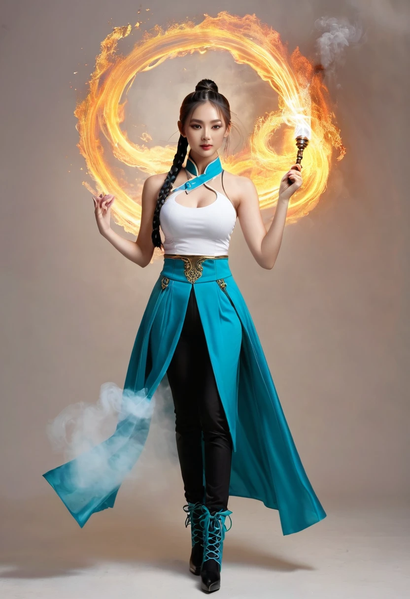 Full body shot of a beautiful Asian woman as she holds a master+ne elect rugai in her right hand, wearing an outfit inspired by water and fire elements, with teal blue leggings, a white top with gold details on the , and black high heel boots. She has long hair tied back into two braids, one arm mounted to the hilt and the other pointing at her chest that shows full energy from a magic effect, with smoke around all equipment. Full body pose against a white background, in the style of magic and fantasy.solo,xianxia