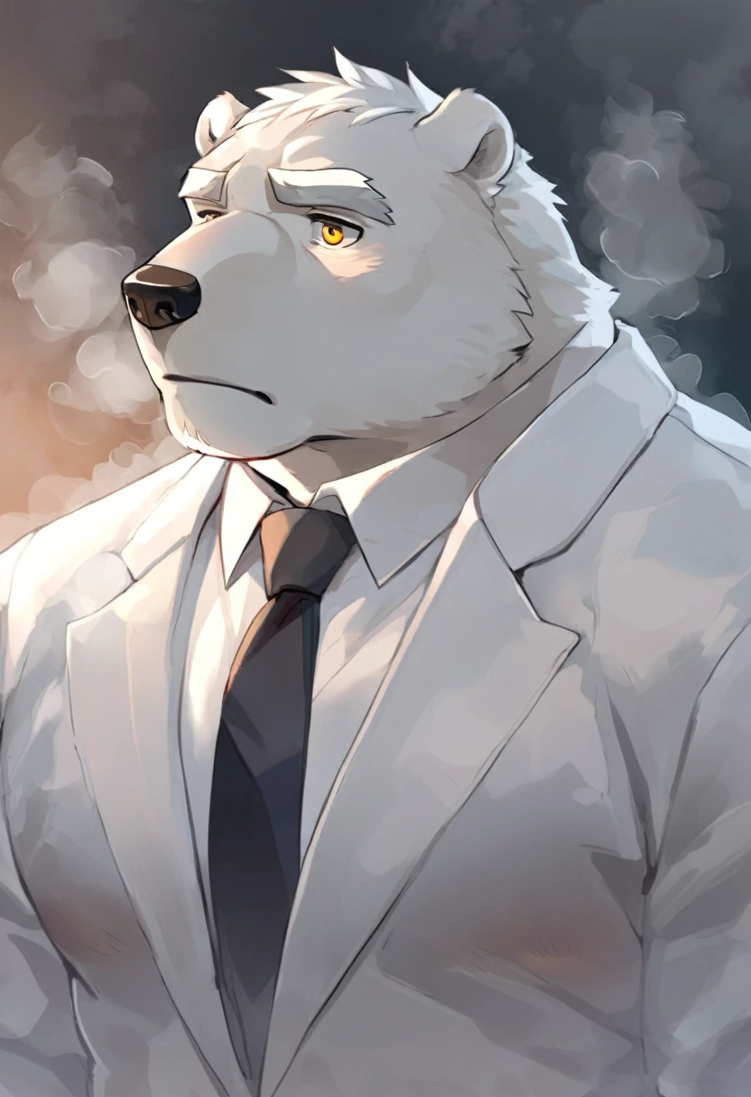 polar bear,personification,Mature male,Strong Man,White hair,naked,Cold expression,Golden pupils,Gray eyebrows,Dark circles,White suit suit,The Age of Steam。