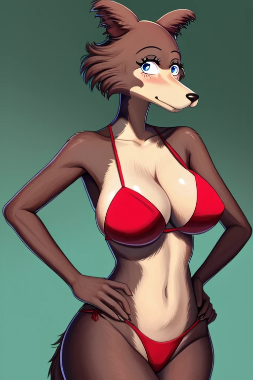 Beastars art style, beastars, Juno wearing a Christmas bikini, brown wolf, she Wolf, 1girl, furry, long curly brown fur, slim figure, blue eyes, wide hips, big breasts, hands on hips, three-quarter view