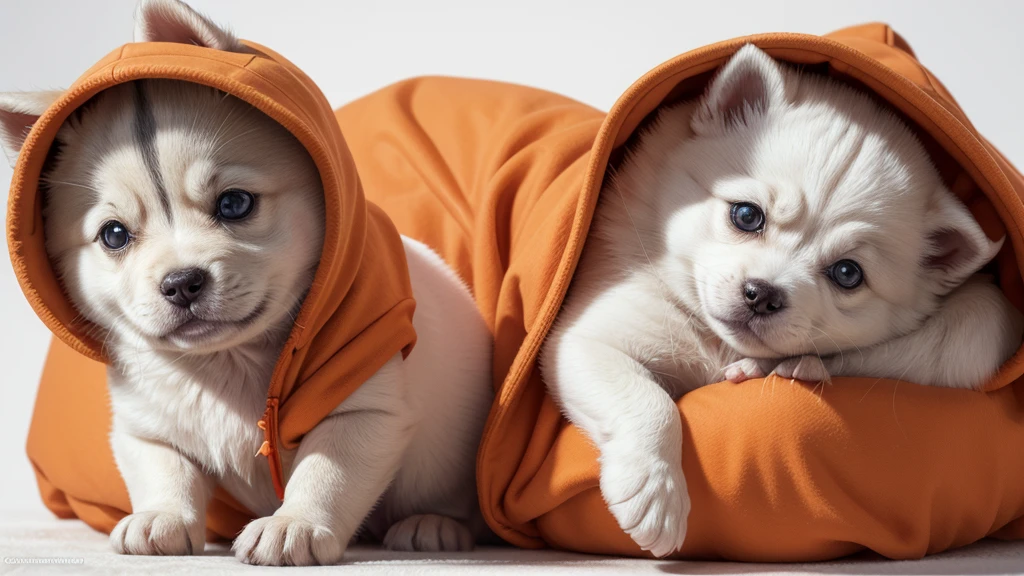 Create an image of a Siberian Rusky puppy using an orange hoodie with a white background in the proportion 1920x750