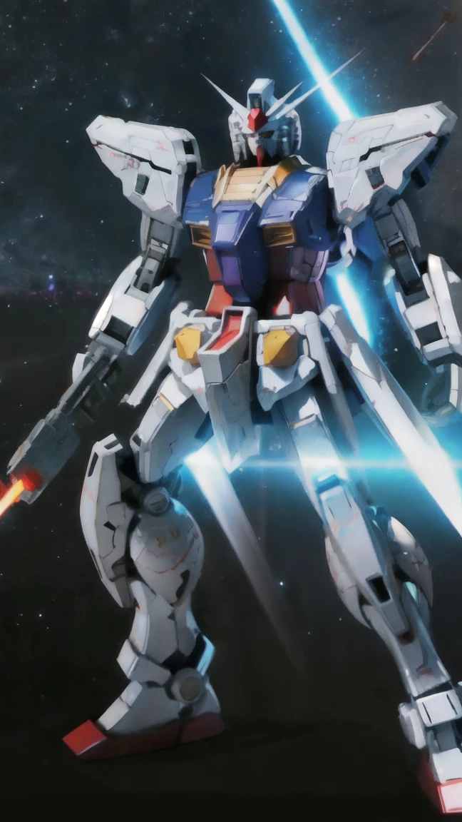 Real、high resolution、8K、The Mighty Strike Freedom Gundam flies through space, emitting light particles.、Particles of light are emitted in all directions from the entire aircraft.、