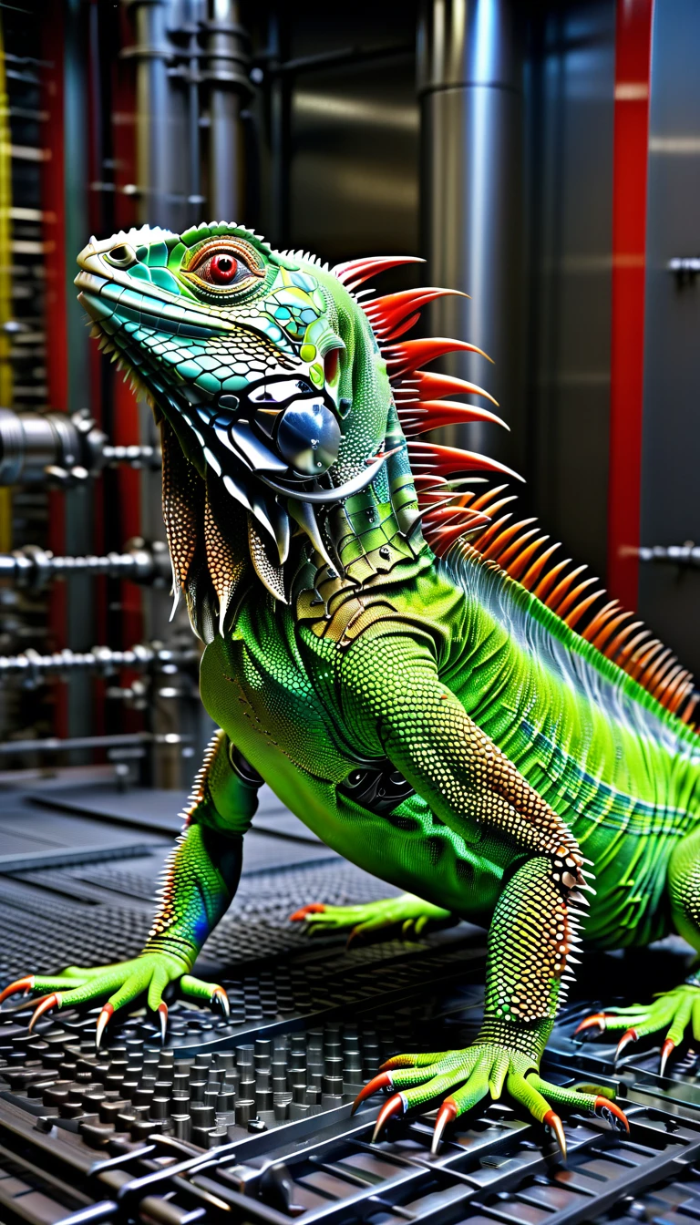 There is no one, Reality Photos, Reality Photos, Realistic photo of a green iguana-like creature, spikes, multicolored sparkling, strange and, Surreal and, the other world, A robotic factory with a shiny assembly plant, intricate details, very sharp, Sophisticated details, Flawless composition, vivid colors, masterpiece, futuristic, metal decoration, The shiny red interior is empty., polished, ray tracing