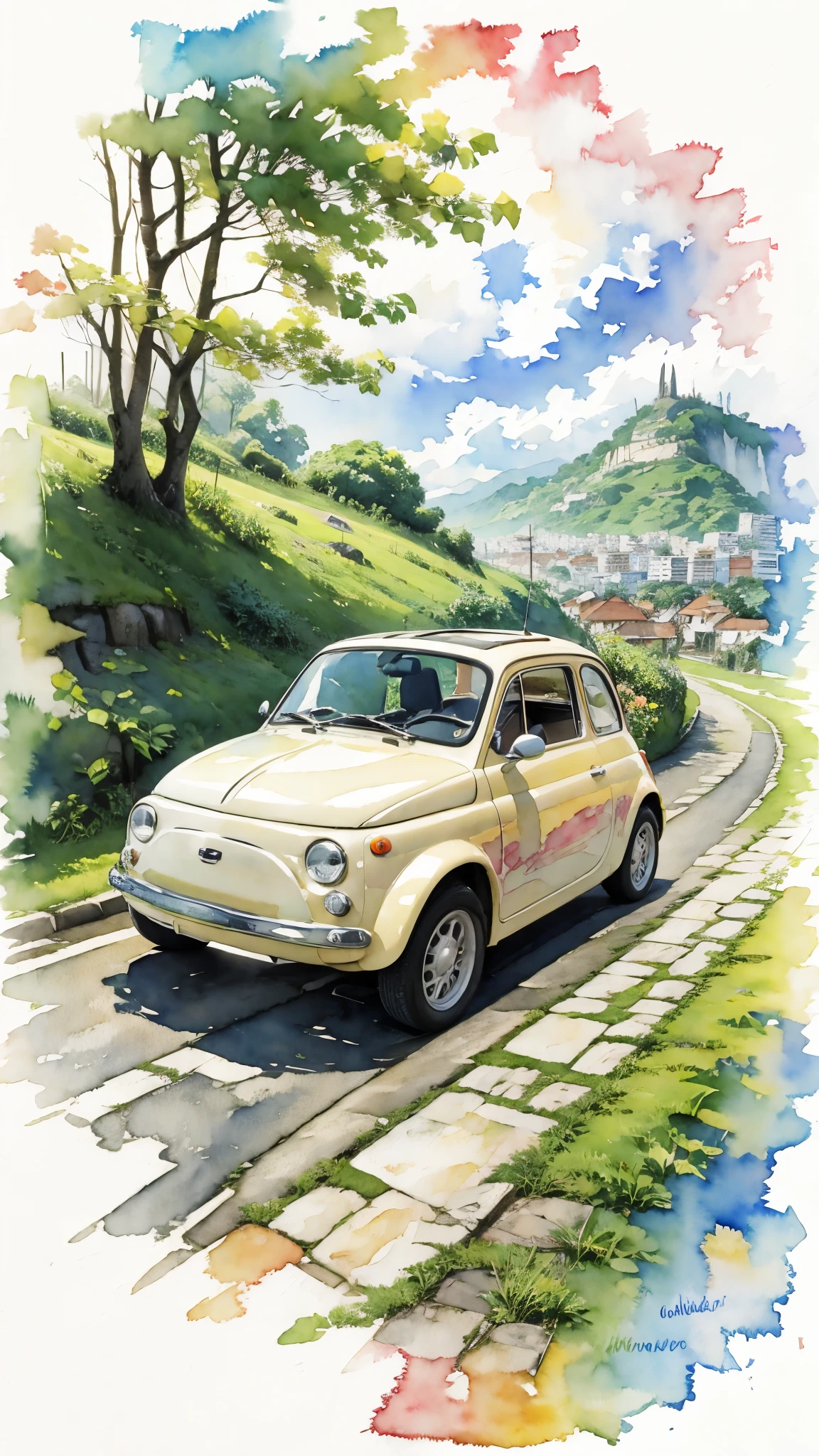 (masterpiece:1.2, Highest quality),(Very detailed),(((watercolor))),8K,wallpaper,Cream-colored Fiat 500,Rio de Janeiro,Run up Corcovado Hill,(((Ghibli style))),透明watercolor