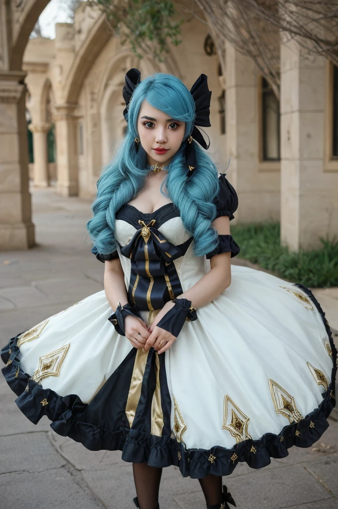 Gwen from League of Legends,wide-shot, a sexy woman, beautiful face, depth of field, business woman, a blue and white Gothic ta-style dress with a large bow at the back, puffed sleeves, and intricate lace details. She has long, wavy blue hair, styled with curls and adorned with white ribbons. Her eyes are large and blue, with a gentle and determined expression. She wields a large, ornate pair of scissors