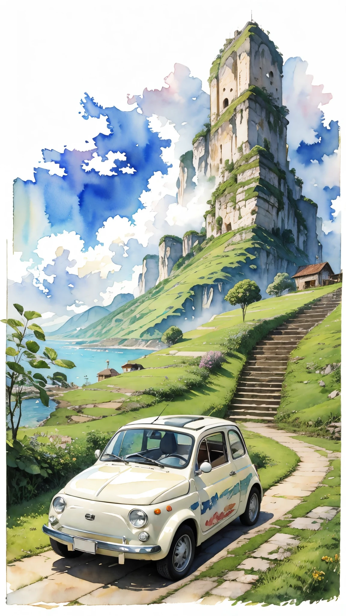 (masterpiece:1.2, Highest quality),(Very detailed),(((watercolor))),8K,wallpaper,Cream-colored Fiat 500,Rio de Janeiro,Ride through the Carioca landscapes between the mountains and the sea,(((Ghibli style))),透明watercolor