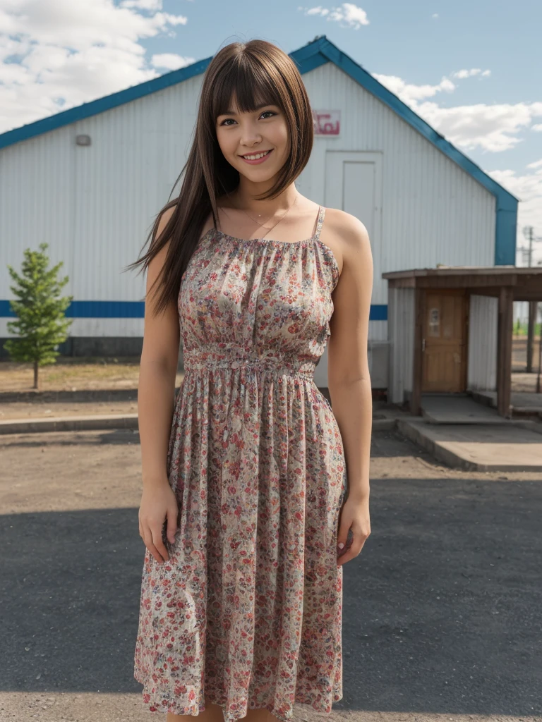 1girl, solo, realistic, her name is Cathlyn, she is a Caucasian brunette, 30 years old, mature face and body, smiling, short hair with bangs, chubby, wearing a printed dress outside Novosibirsk in Russia, (((wide shot))), short hair