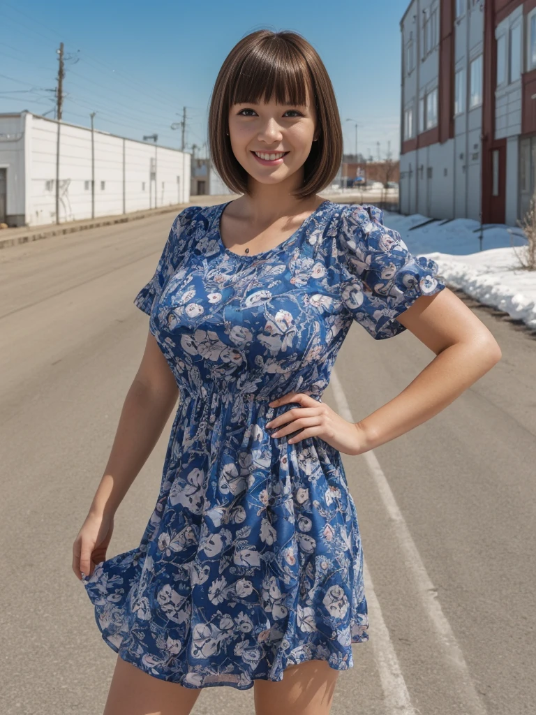 1girl, solo, realistic, her name is Cathlyn, she is a Caucasian brunette, 30 years old, mature face and body, smiling, short hair with bangs, chubby, wearing a printed dress outside Novosibirsk in Russia, (((wide shot))), short hair