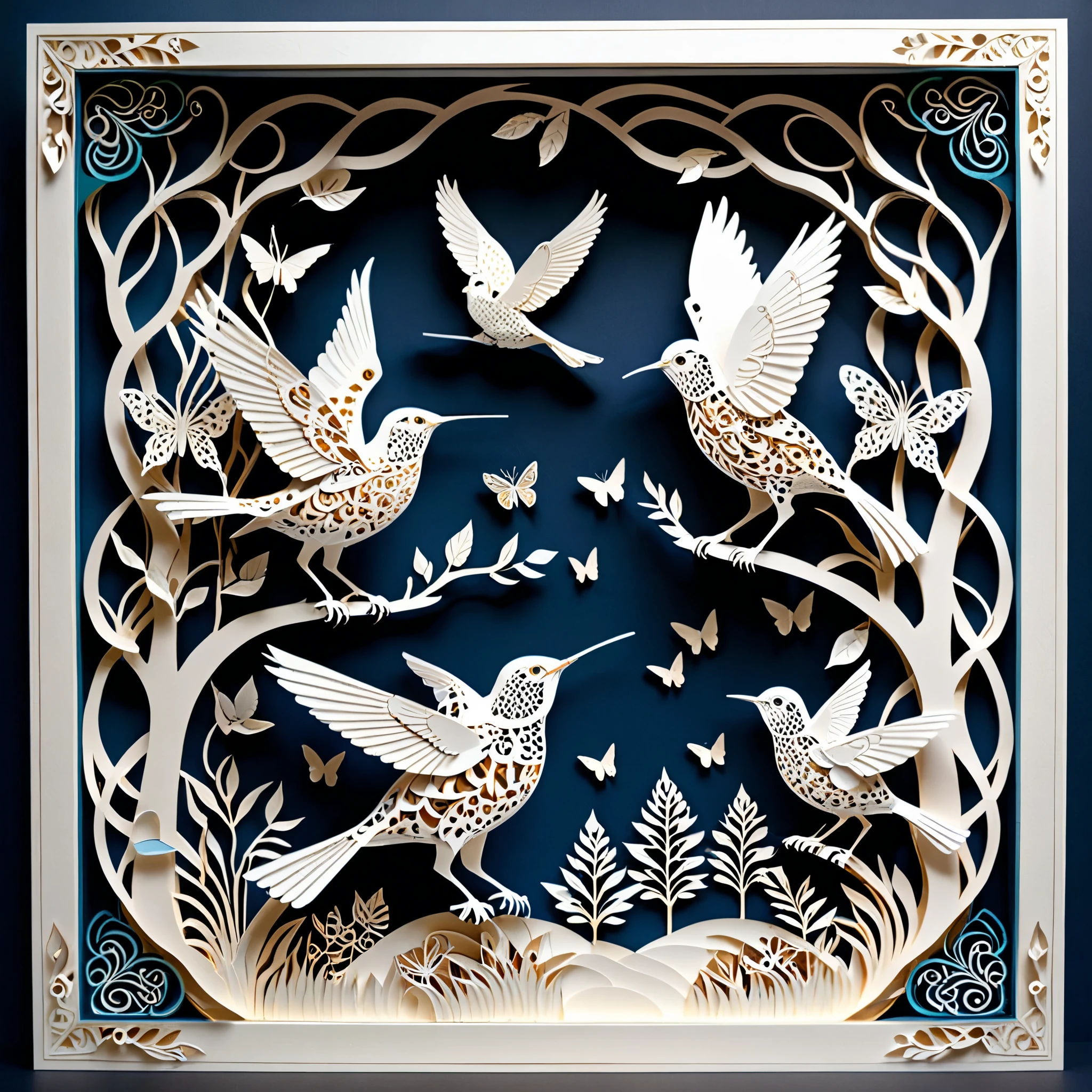 Create a detailed paper cutout artwork depicting a scene that combines intricate patterns with various creatures. The scene should include a harmonious blend of elaborate, decorative patterns interwoven with animals such as birds, fish, butterflies, and other creatures. The patterns should complement the forms and movements of the animals, creating a seamless integration between the natural and the abstract. The artwork should evoke a sense of wonder and intricacy, highlighting the beauty and complexity of both the patterns and the creatures. The overall mood should be artistic and enchanting, capturing the elegance of nature through detailed design