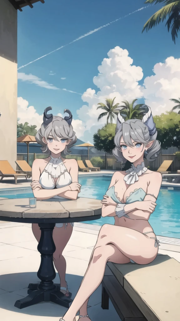 3 girls High level image quality best image quality 8K adult woman pool party rain palm trees more colors whole body view portrait golden bikini horn ears short hair((shortcut)(gray hair)(perm)(fluffy)) eye color is blue , , attractive evil face , smile , sexy pose , labrynth , crossed arms, barearm , sittings by the pool , crossed legs , all wet , view foot arc , view sexy flower slippers