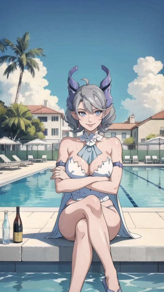 　3 girls High level image quality　best image quality　8K　 adult woman    pool party  rain　palm trees  more colors   whole body view　portrait　golden bikini   　horn    ears  　short hair（（shortcut）（gray hair）（perm）（fluffy））　eye color is blue ,  , 　attractive evil face , smile   ,  sexy pose   ,  labrynth , crossed arms,  barearm     , sittings  by the pool , crossed legs  , all wet , view foot arc , view sexy flower slippers  