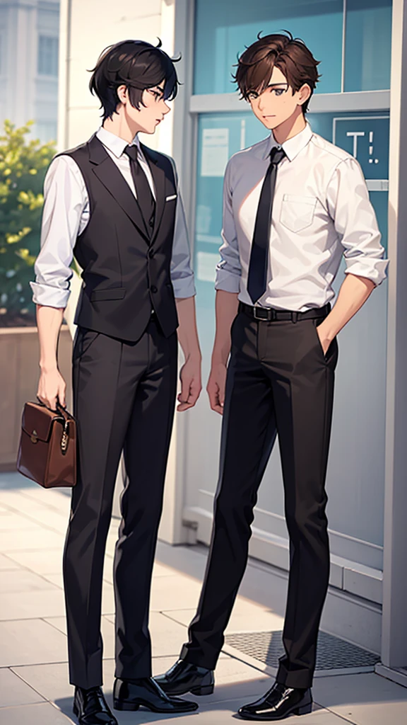 two boys, a short one with black hair and a tall one with brown hair, the two in  at the school entrance