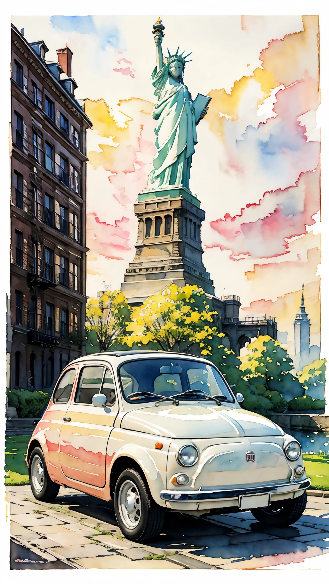 (masterpiece:1.2, Highest quality),(Very detailed),(((watercolor))),8K,wallpaper,Cream-colored Fiat 500,America,new york,Run the Statue of Liberty,(((Ghibli style))),透明watercolor